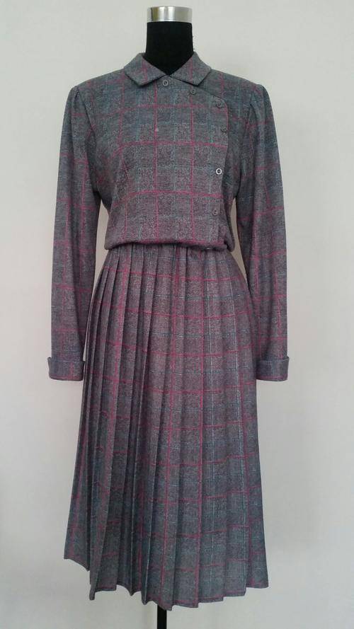 Vintage Grey Checked Winter Dress - Size 18/42