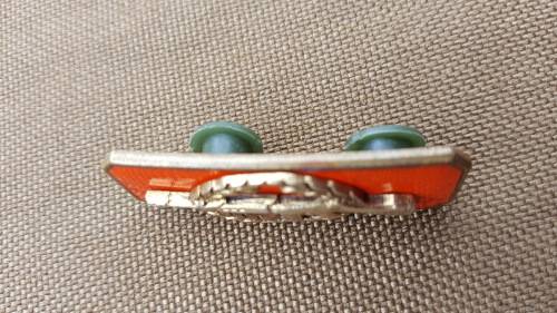 SADF era incomplete SA Army Sniper qual badge chili-red -backing - pins intact (rifle not chromed)