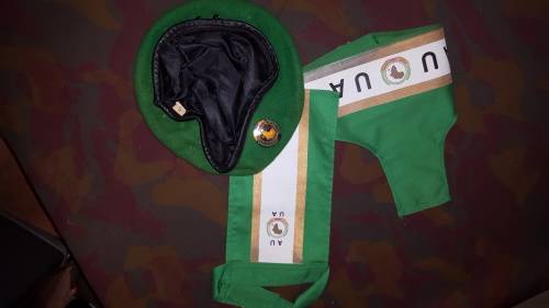 scarce African Union (AU) 4 item job-lot: Beret and badge, cravat and arm-band (brassard) AMIB/ AMIS