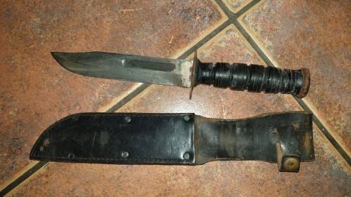 SADF era SA SF issued & used Recce sterile Ka-Bar fighting knife in sheath - good used condition