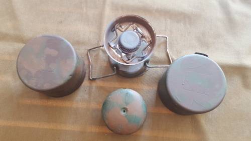 SADF era SA SF Recce used Camping Gaz Bluet 106 Globetrotter stove & 2 pots & empty can hand camo'ed