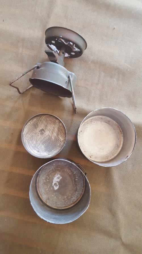 SADF era SA SF Recce used Camping Gaz Bluet 106 Globetrotter stove & 2 pots & empty can hand camo'ed