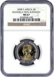 **MS67** 2008 MANDELA 90th MANDELA R5 MS 67 NGC GRADED COINS!!!HIGH GRADE!!