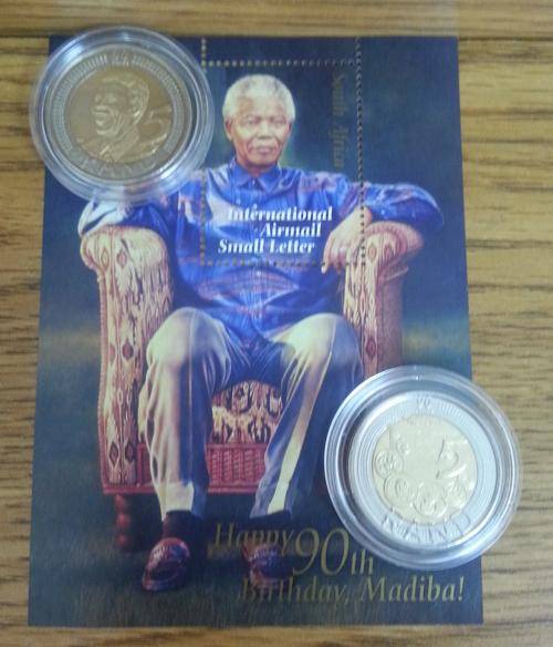**WOW**NELSON MANDELA 90th BIRTHDAY UNC INTERNATIONAL STAMP**WITH UNC SARB R5 & 2008 MANDELA R5 COIN
