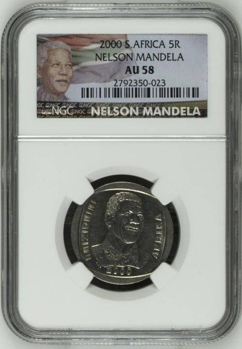 **AU58** LIMITED EDITION LABEL** RSA 2000 MANDELA SMILEY R5 AU58 NGC GRADED COINS**