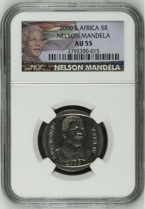 **AU55** LIMITED EDITION LABEL** RSA 2000 MANDELA SMILEY R5 AU55 NGC GRADED COINS**