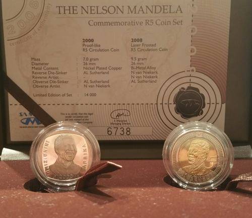 **THE ORIGINAL NELSON MANDELA COMMEMORATIVE R5 COIN SET** 2000 PL & 2008 LASER FROSTED**
