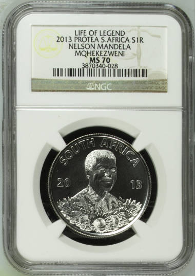 **2013 PROTEA LIFE OF A LEGEND PART 1 MQHEKEZWENI**NELSON MANDELA MS70 NGC GRADED SILVER R1**