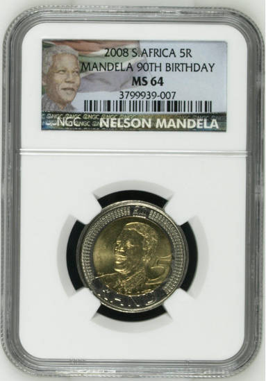 **2008 MANDELA 90th BIRTHDAY MS64 NGC GRADED COIN**COLOR LABEL**VERY RARE**
