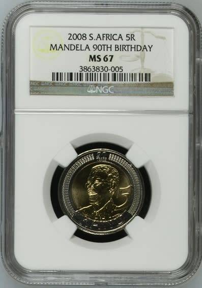 **2008 MANDELA 90th BIRTHDAY MS67 NGC GRADED COIN**THIRD FINEST KNOWN GRADE**
