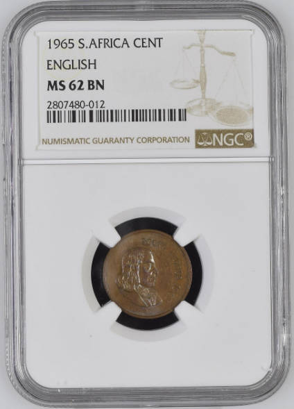 **1965 SOUTH AFRICA ENGLISH LEGEND 1 CENT MS62 BN NGC GRADED**ONLY 6 IN THIS GRADE**MINTAGE 1180**