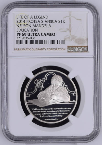 **2014 PROTEA LIFE OF A LEGEND 2: EDUCATION**NELSON MANDELA PROOF SILVER R1 PF69 NGC GRADED**COA**