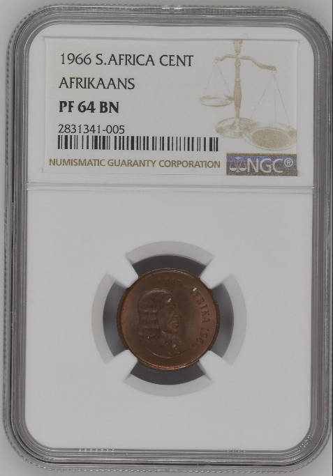 **1966 SOUTH AFRICA AFRIKAANS 1 CENT PF64 BN NGC GRADED**POP 1 ONLY**ONLY 1 GRADED BETTER IN BN**