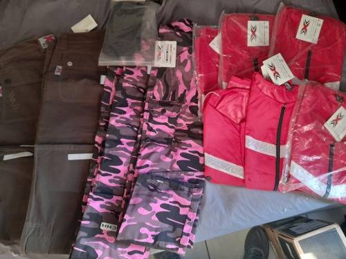 **STORE CLEARANCE*LOT OF BRAND NEW KULCHA PINK CAMO PANTS, CARGO PANTS, REFLECTIVE VESTS, ETC***