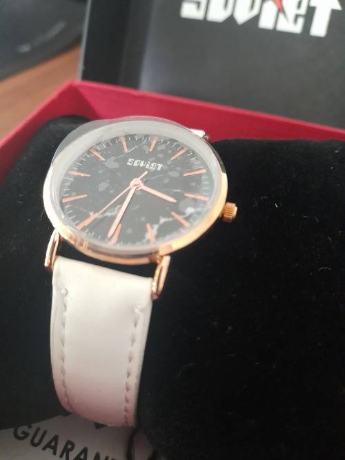 *CHRISTMAS SPECIAL**BRAND NEW LADIES SOVIET WATCH*WHITE LEATHER STRAP,GOLD BUCKLE, BLACK MARBLE**