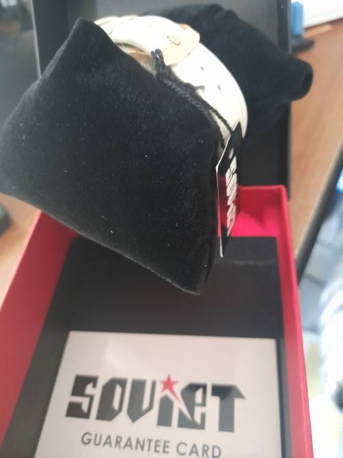 *CHRISTMAS SPECIAL**BRAND NEW LADIES SOVIET WATCH*WHITE LEATHER STRAP,GOLD BUCKLE, BLACK MARBLE**