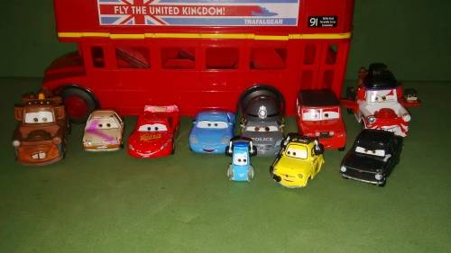 Disney/Pixar Cars Movie Character Lot Of 10 Cars With Large London Bus Car Transporter