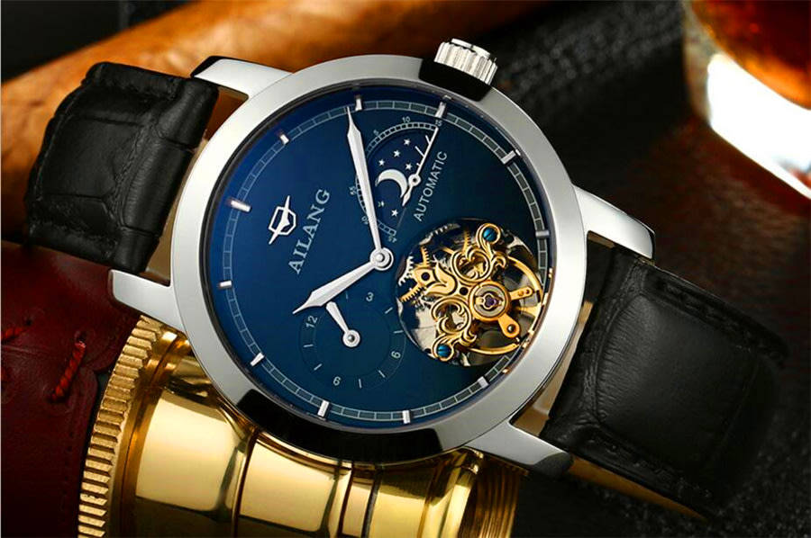 Tourbillon mechanical Auto Men's genuine leather strap Skeleton watch + BOX + GIFT