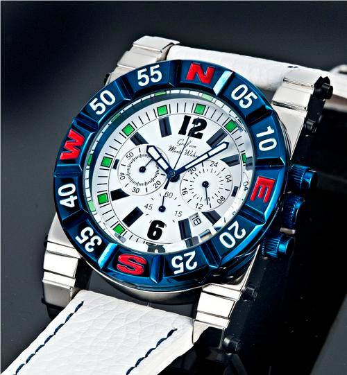 Monte Wehro Puerto de la Cruz XXL 48mm Stainless Steel Chronograph Clock BLUE WHITE
