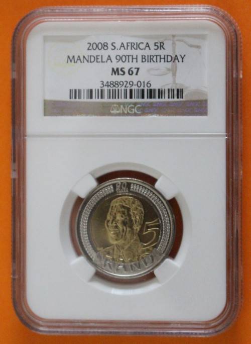 2008 Mandela 90th Birthday R5 NGC Graded. MS67 "Old Label".