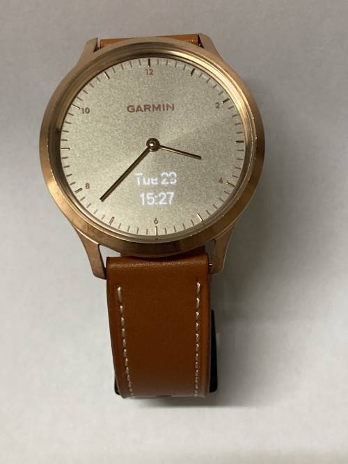 GARMIN VIVOMOVE HR SMARTWATCH - Rose Gold with NEW TAN LEATHER STRAP and CHARGER