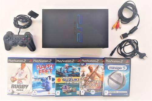 PS2 CONSOLE PHAT BLACK PS2  + WIRED  CONTROLLER / 5 X GAMES  + CABLES  DEAL 027