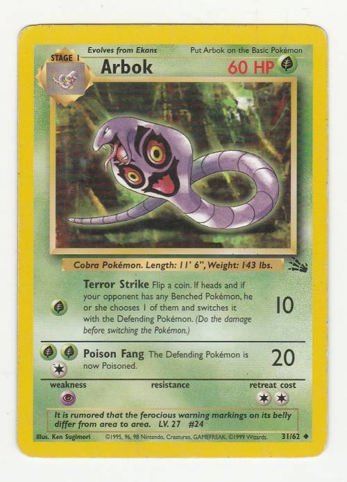 Pokemon FOSSIL Wizards Of The Coast 1999 - Arbok 31/62 - Uncommon