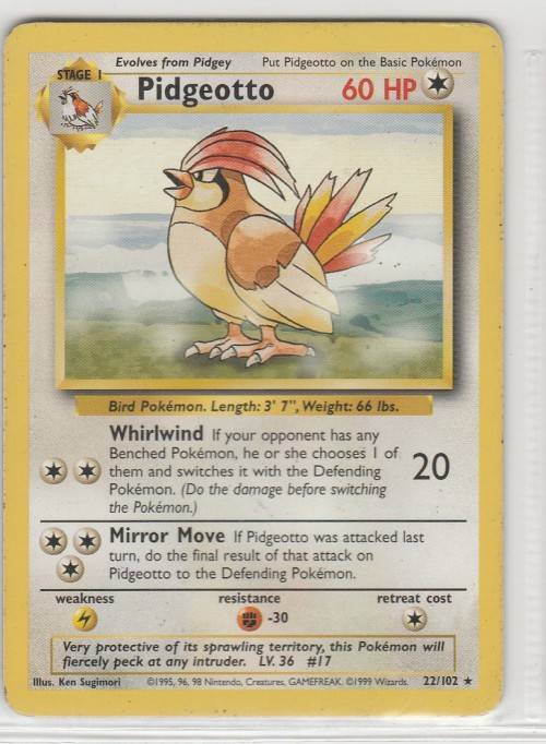 1995, 96, 98 Nintendo Creatures GAMEFREAK Pokemon - Gen I Base Set - Pidgeotto 22/102 - Rare