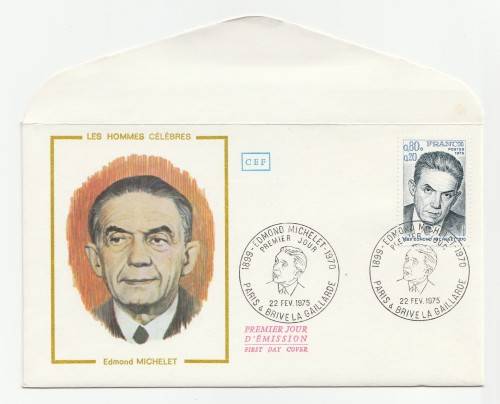 1975 France 22/02/75 Les Hommes Celebres Edmond Michelet FDC and Maxicard Set