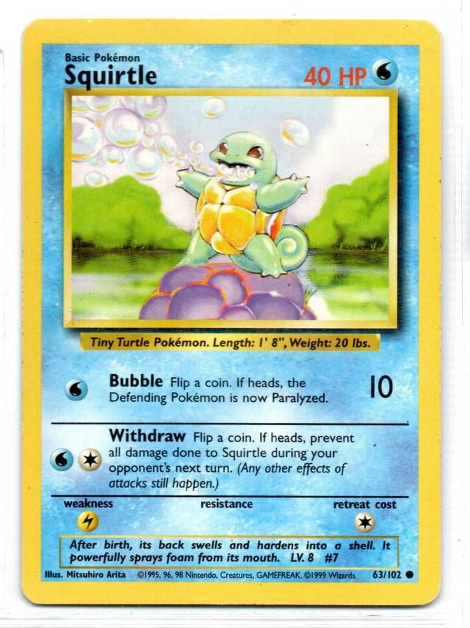 1995, 96, 98 Nintendo Creatures GAMEFREAK Pokemon - Gen I Base Set - Squirtle 63/102 - Common