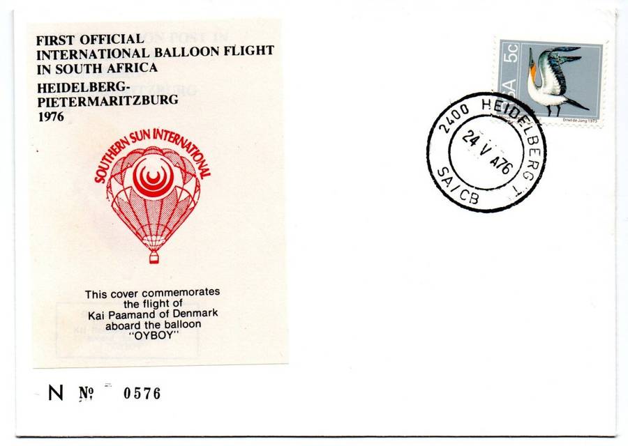 1976 RSA First Official International Balloon Flight in SA Kai Paamand N No 0576 Commemorative Cover