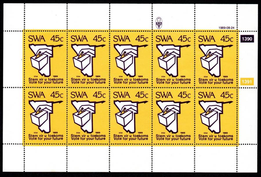 South-West Africa 1989/08/24 UN Resolution 435 Constitutional Election 45c Complete Sheet of 10