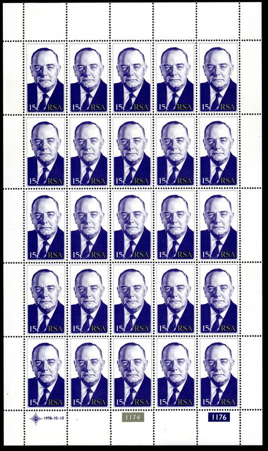 RSA 1978/10/10 Inauguration of the 4th State President Dr BJ Voster 15c Complete Sheet of 25