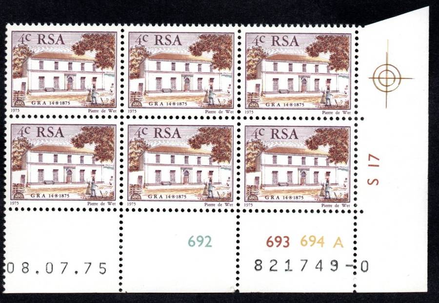 RSA 1975/07/08 Centenary of "Genootskap van Regte Afrikaaners" Control Blocks Pane A