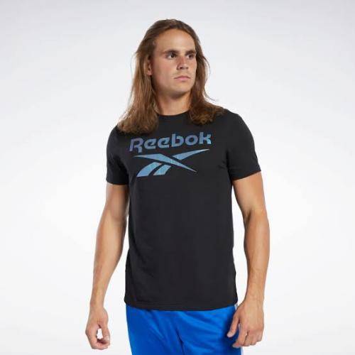REEBOK Men`s Graphic Series Stacked Tee Black/Silver FS6106 - Size Large
