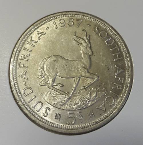 1957 UNION OF SOUTH AFRICA 5 SHILLINGS SILVER @ LOW START R1 AUCTION