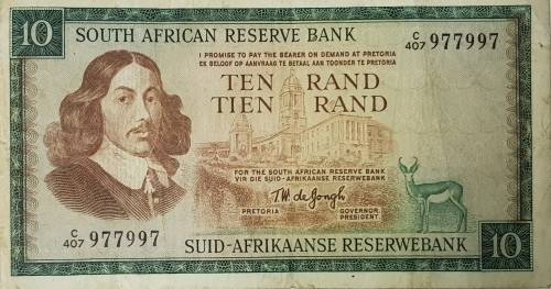 SOUTH AFRICAN TEN RAND BANKNOTE,T.W DE JONGH,977997