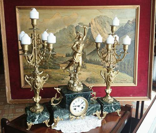 FRENCH MARBLE MANTLE CLOCK ONE OF A KIND EXQUISITE  3 PIECE