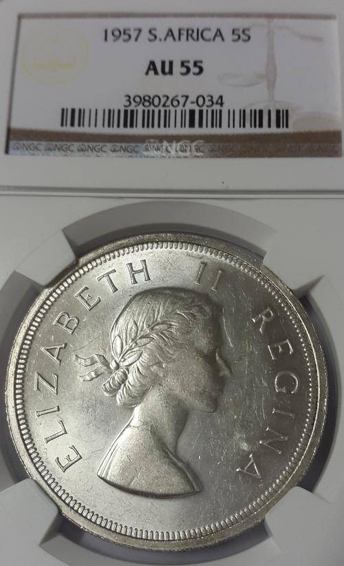 1957 SOUTH AFRICA 5 SHILLINGS GRADED NGC AU 55 - SILVER - LOW START R1 AUCTION ONLY 157 077 MINTED