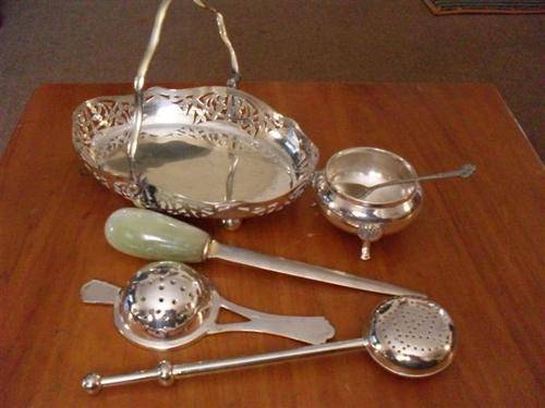 SOME SP PIECES INCLUDING A VINTAGE TEA INFUSER