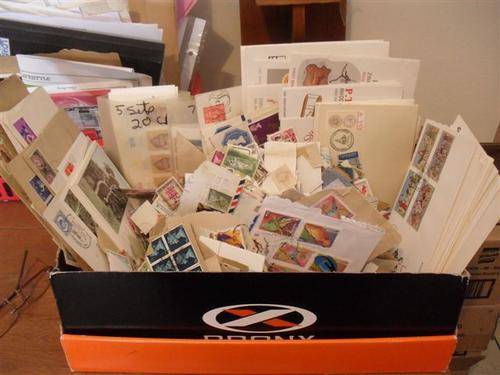 GLORY BOX OF 100'S OF WORLD STAMPS AND FDCS AND C/B.......