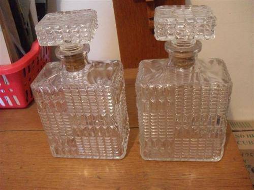 2 X GLASS DECANTERS WITH STOPPERS..........MADE IN FRANCE....