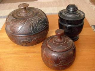 3 LOVELY CARVED WOODEN TABACCO JARS (WITH LIDS)