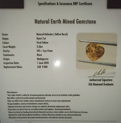 LARGE GIA CERTIFIED 2.26CT VVS HEART SHAPE YELLOW BERYL + FREE CERTIFICATE