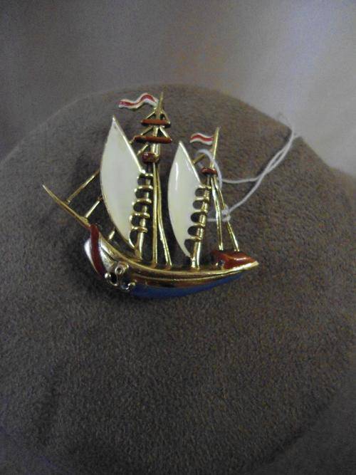Gold Plated Enamel Sailing Ship Pin Brooch, 4cm x 3.5cm