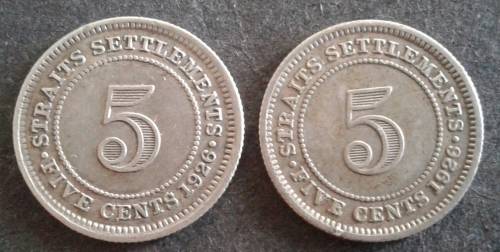 1926 STRAITS SETTLEMENT 5 CENT PAIR : SILVER