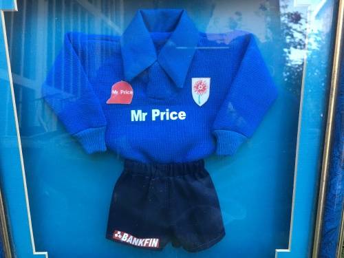 Blue Bulls mini rugby kit in frame - collectors item - fantastic for mancave or display