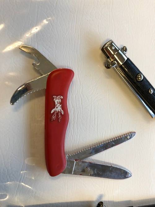 Pretend playing plastic knives - press button turns into comb