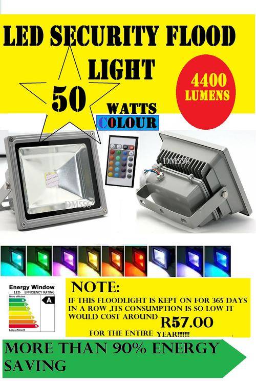 50 watt LED COLOUR FLOODLIGHT WITH REMOTE R2870.00 4400 LUMENS