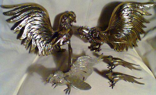 A JOB Lot of 5 Birds. 2 Heavy & Large Brass Fighting Cock's 1 x EPNS F/Cock + 2 x Peacocks .